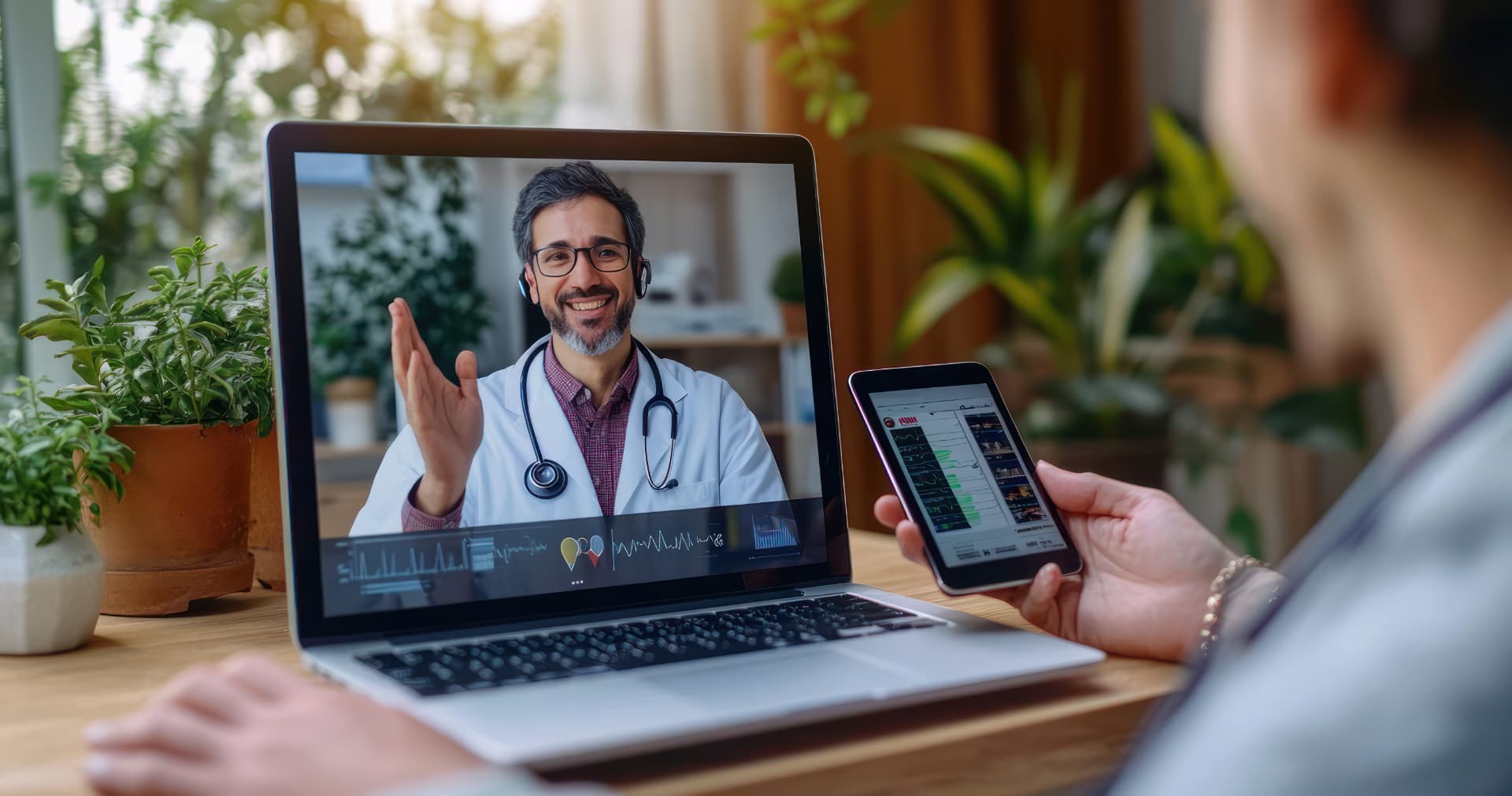 A telehealth consultation on a laptop while reviewing data on a tablet